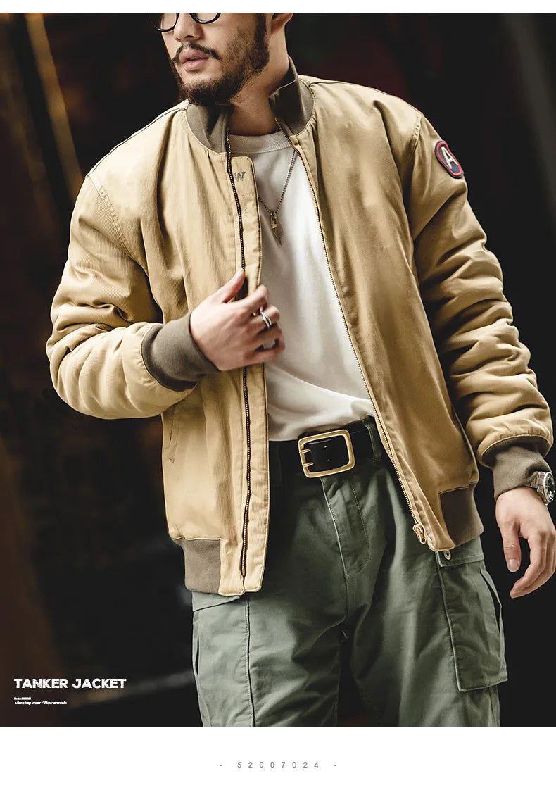 Maden Men’s Brown Flight Bomber Jackets Vintage Pilot Aviator Monocycle Jacket Slim Fit With Patches Stand Collar