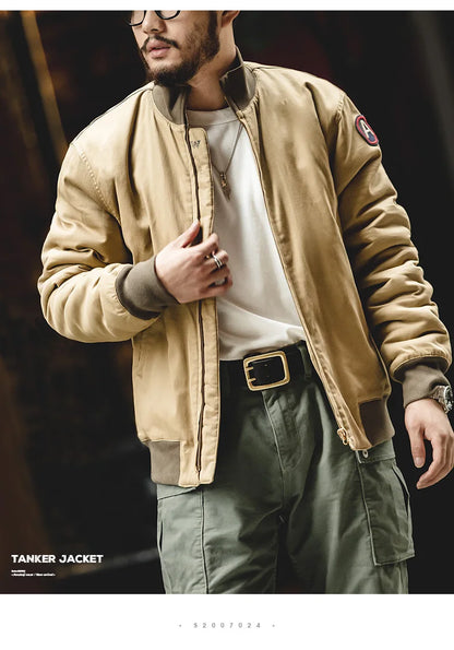 Maden Men’s Brown Flight Bomber Jackets Vintage Pilot Aviator Monocycle Jacket Slim Fit With Patches Stand Collar