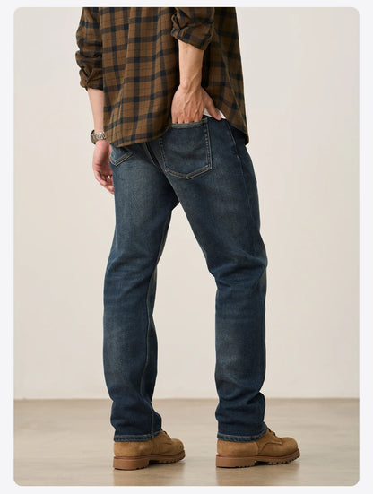 SIMWOOD 2026 Spring New 15oz Warm Micro Fleece Lining Jeans Men Loose Straight Plus Size Denim Trousers