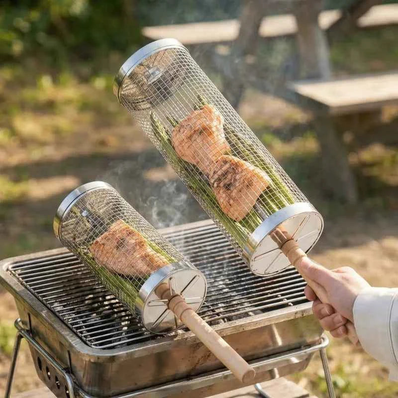 2Pcs Stainless Steel BBQ Grill Set, Camping Supplies & Equipment, Heavy Duty Camping Cooking Tool with Wood Handle & Hook