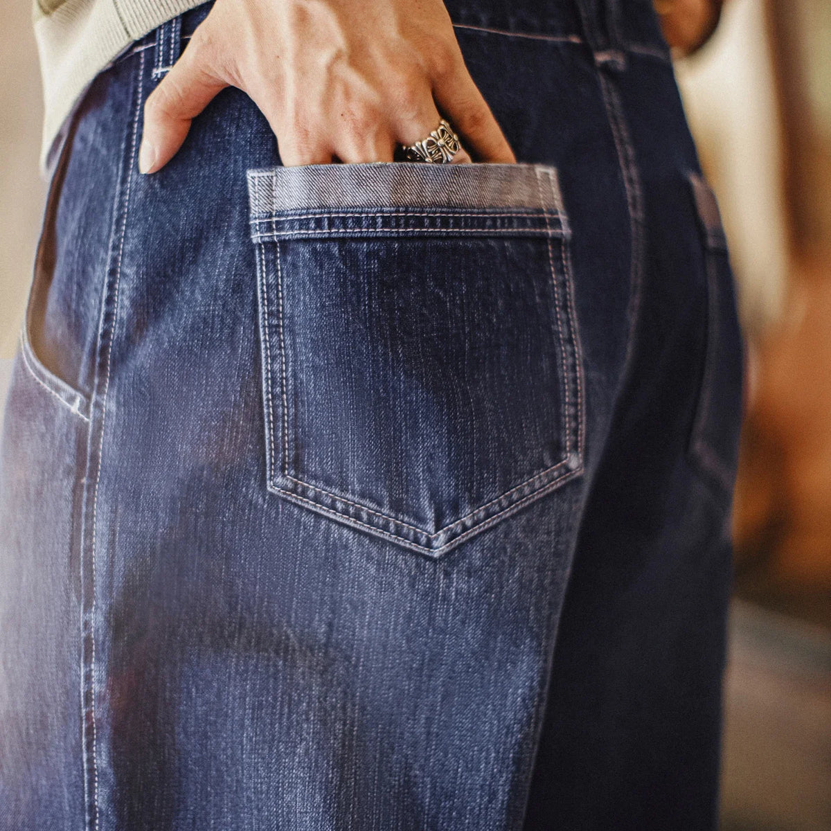 Maden 15oz Slub Cotton Denim Jeans Vintage Men's Washed Blue Straight Tapered Trousers Pants with Pockets for Men Autumn Winter