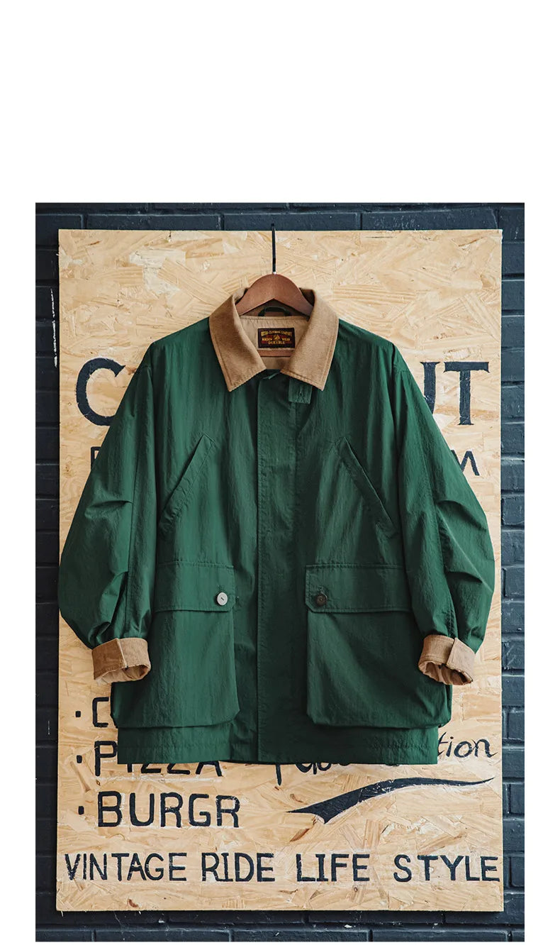 Maden Men's Retro Multi-pocket Safari Jacket Green Loose Corduroy Lapel Classic Coat Versatile Outerwear for Spring and Autumn