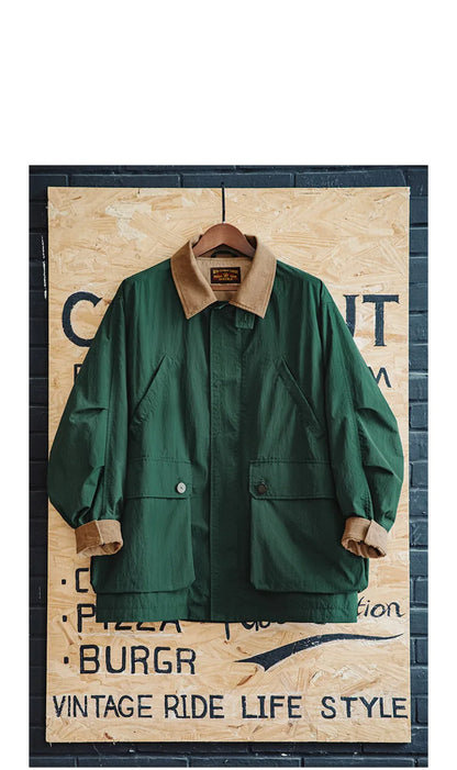 Maden Men's Retro Multi-pocket Safari Jacket Green Loose Corduroy Lapel Classic Coat Versatile Outerwear for Spring and Autumn