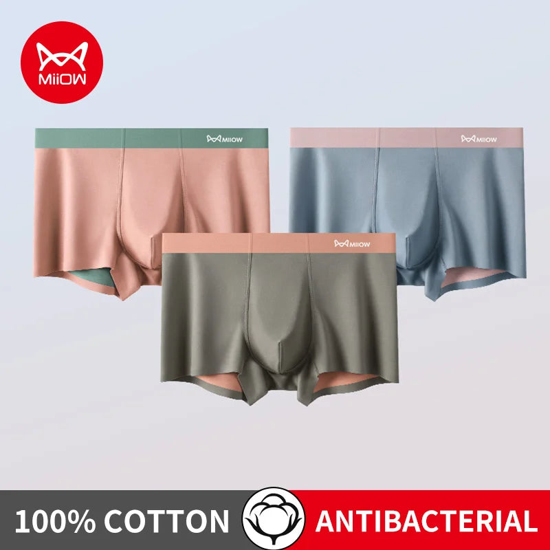 MiiOW Men's Cotton Underwear 3Pcs Silky Softness Antibacterial Boxers