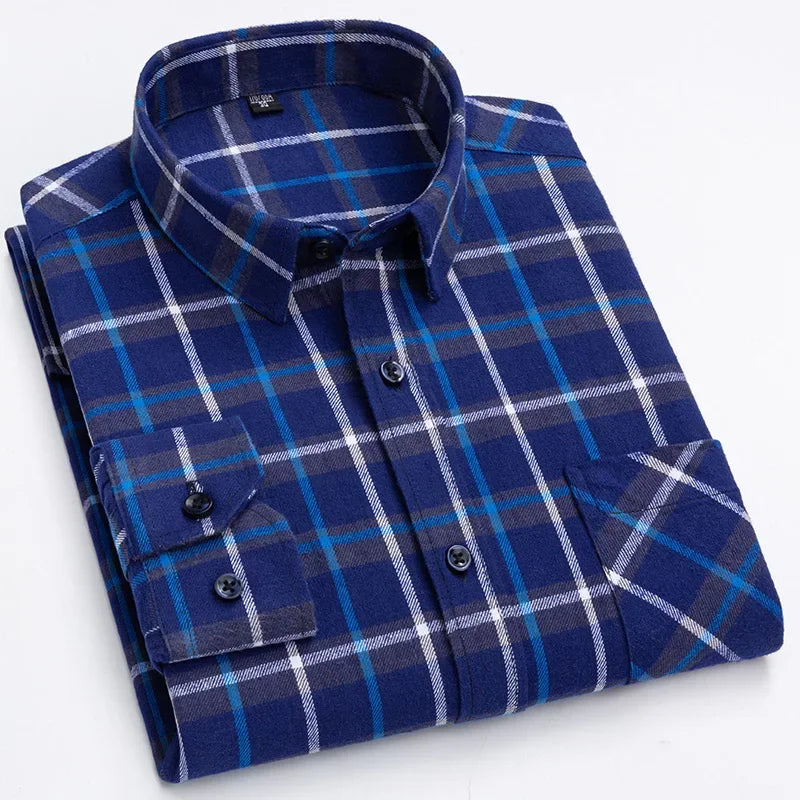 Pure Cotton Men's Plaid Shirt - Oversized Long Sleeve Casual Shirt for Plus Size