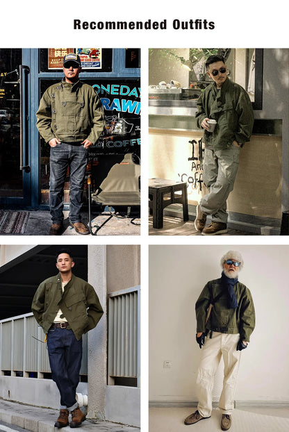 Maden Retro 16oz Canvas Swedish Motorcycle Green Jacket Pocket Bomber Jacket Casual Hunting Work Outwear for Men Spring and Fall