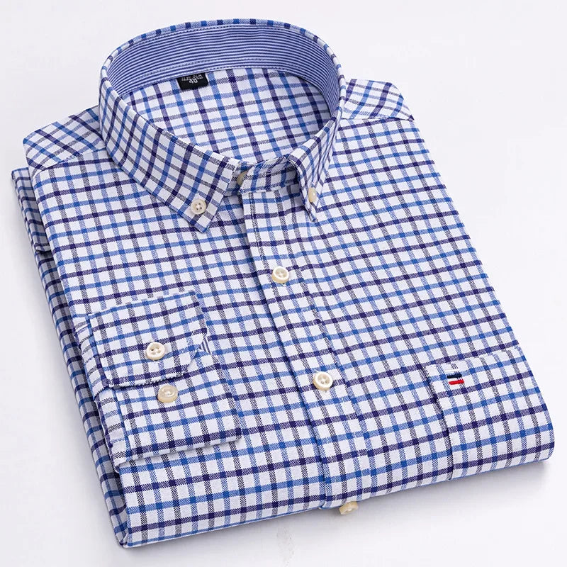 Casual Pure Cotton Oxford Men's Shirt Long Sleeve Plain Solid Regular Fit Fashion Button Dress Shirt