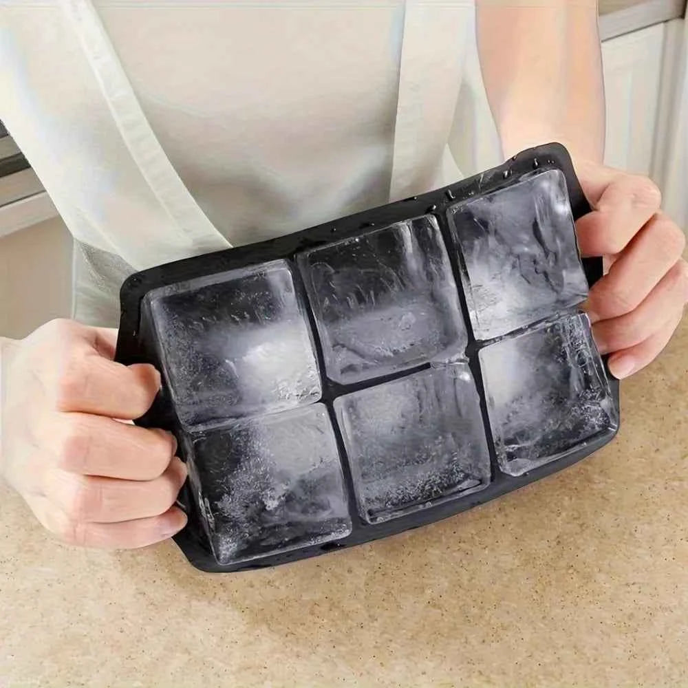 6-Cell Large Silicone Ice Cube Tray, Food-Grade Square Ice Mold for Cocktails Party BBQ, Freezer Safe