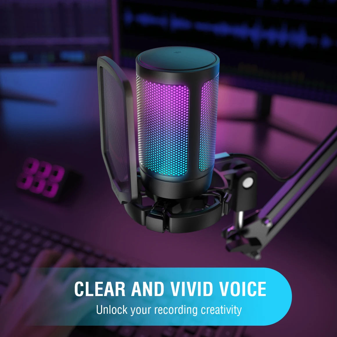FIFINE USB Gaming Microphone from ShopHub NZ featuring a sleek black design, adjustable stand, and volume control for streaming.