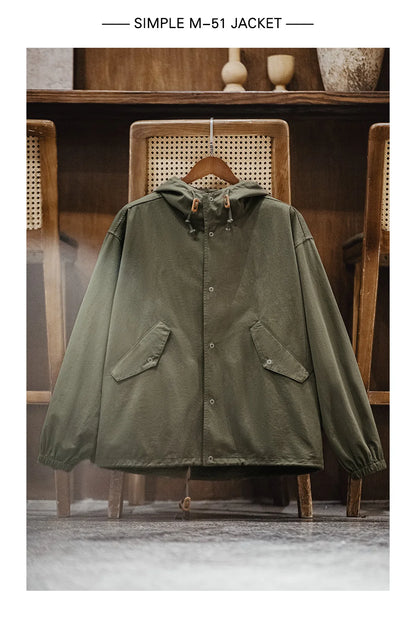 Maden Vintage Green M51 Hooded Jacket Loose Fishtail Short Overcoat Men's Versatile Outwear with Pockets Hidden Button Placket