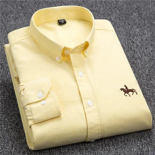 Casual Cotton Oxford Shirts for Men - Long Sleeve Regular Fit White Dress Shirt