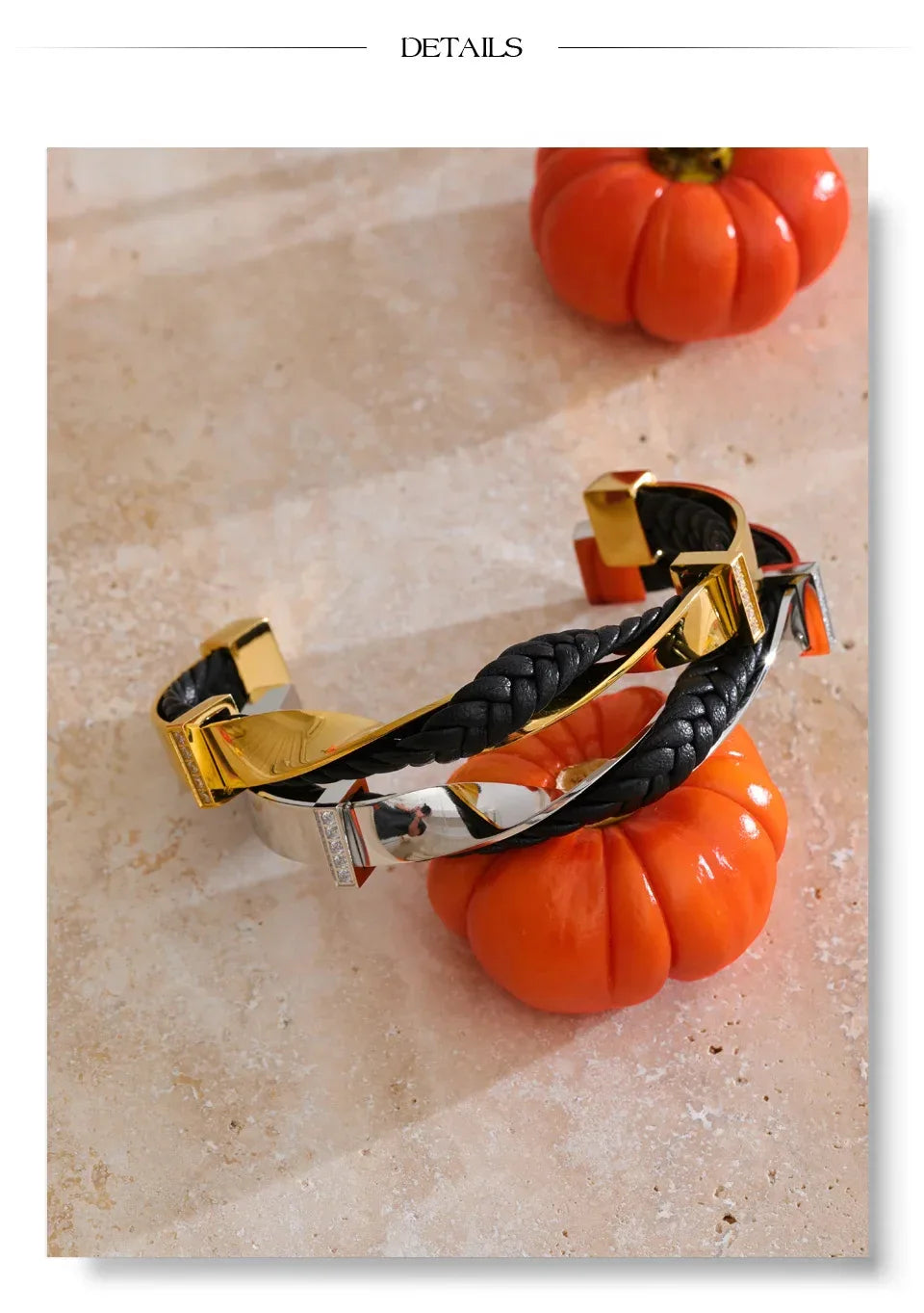 68mm Black Leather Stainless Steel Twisted Cuff Bracelet - ShopHub