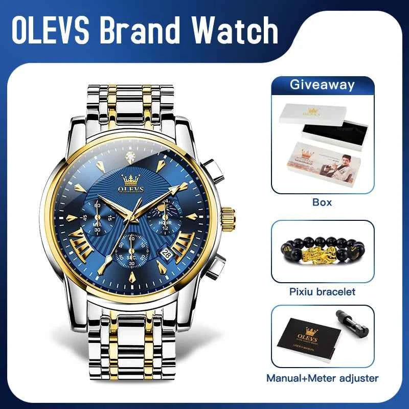 OLEVS 2892 Men's Chronograph Watch - Multifunctional Waterproof Quartz with Luminous Moon Phase and Freebie