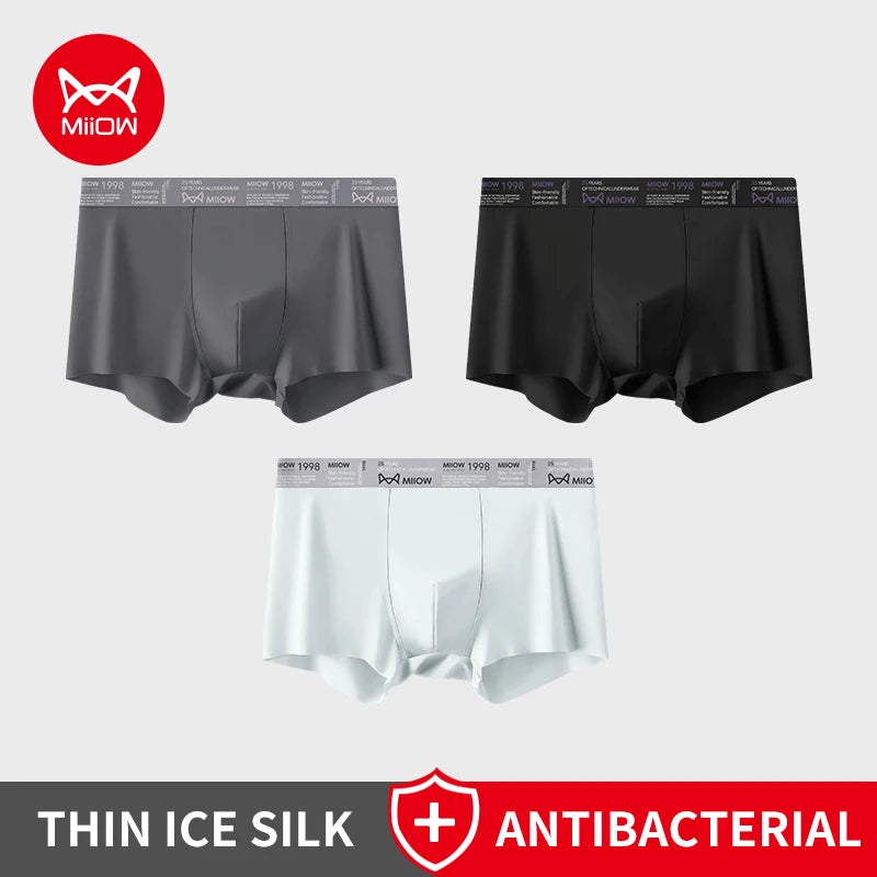 MiiOW Ice Silk Men Underwear - 3Pcs Breathable Ultra-thin Antibacterial Boxers for Ultimate Comfort
