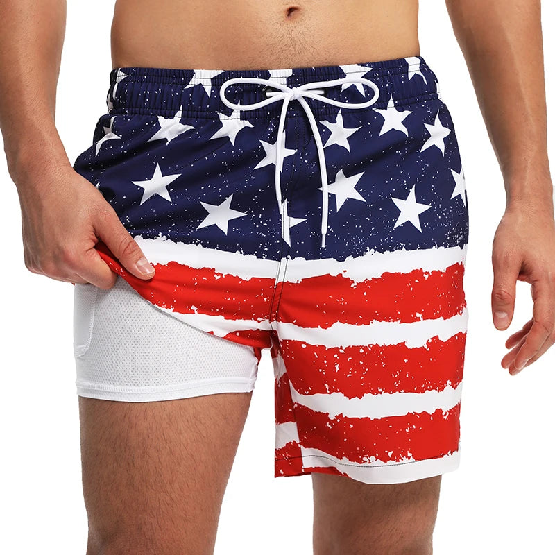 Men's summer boardshorts by ShopHub NZ featuring polyester fabric, long lining, side zipper pocket, suitable for gym or swimming.