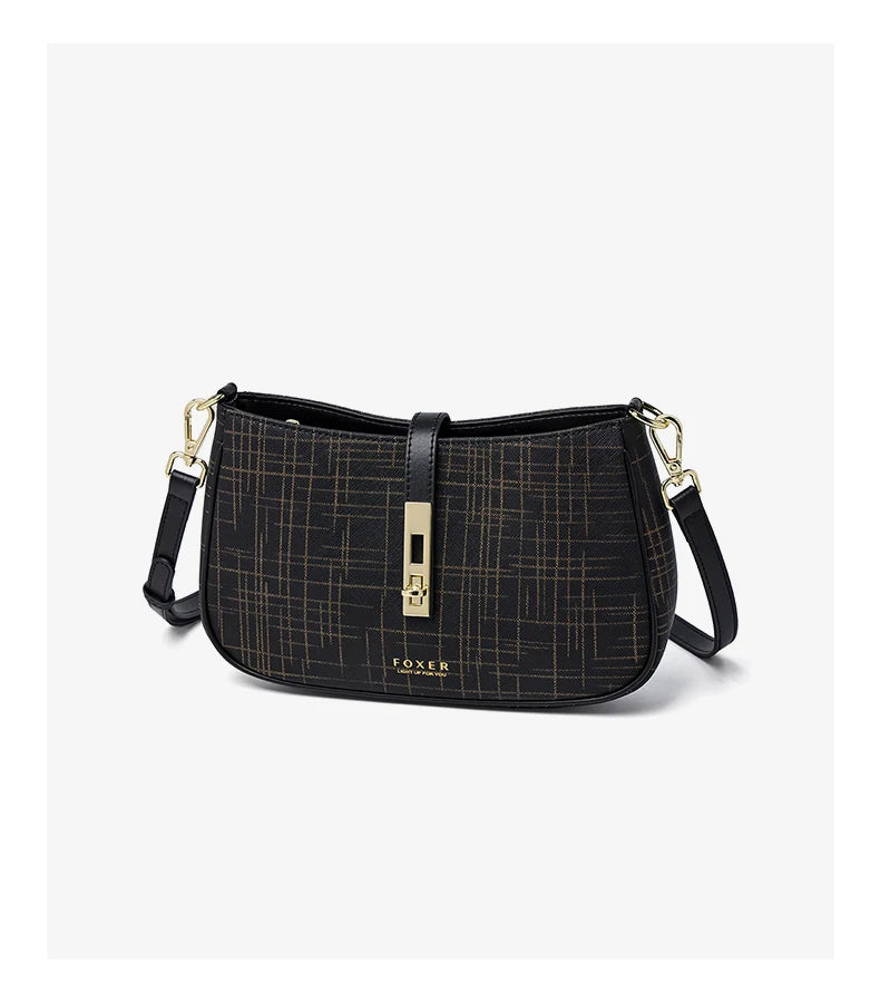 FOXER Cowhide Leather Women Baguette Shoulder Bag Light Luxury Ladies Crossbody Bag Fashion Sling Purse for Daily Dating Use