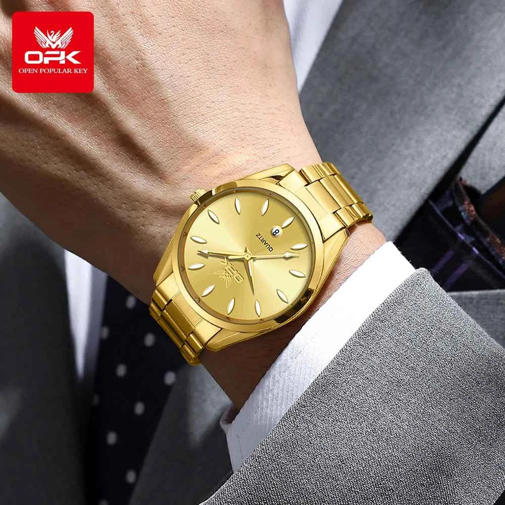 OPK 6038 Unisex Waterproof Quartz Watch - Luminous Stainless Steel Automatic Date Watch for Men with Gift Box