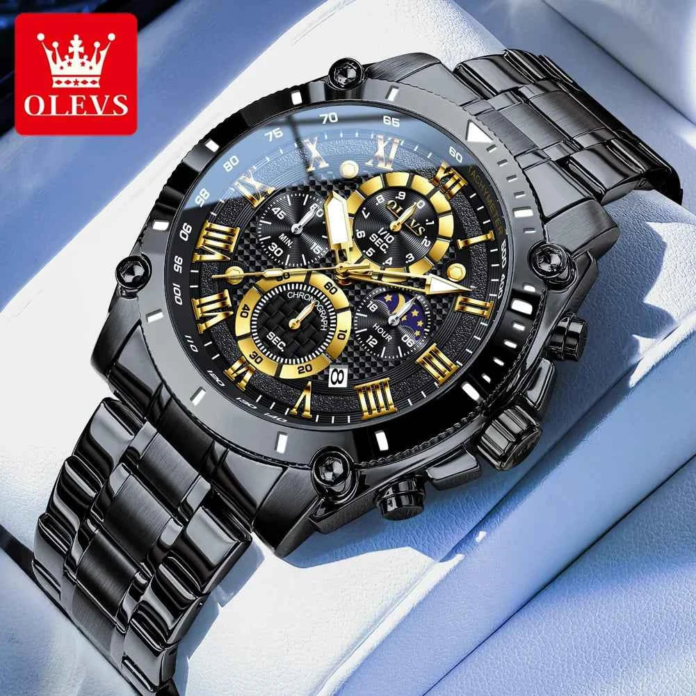 OLEVS 3689 Mens Business Quartz Watch - Waterproof Luminous Stainless Steel Moon Phase Date Sports Watch with Gift Box