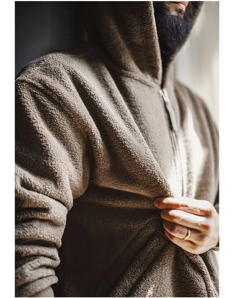 Maden Men’s Khaki Fleece Zip Hoodie Jacket