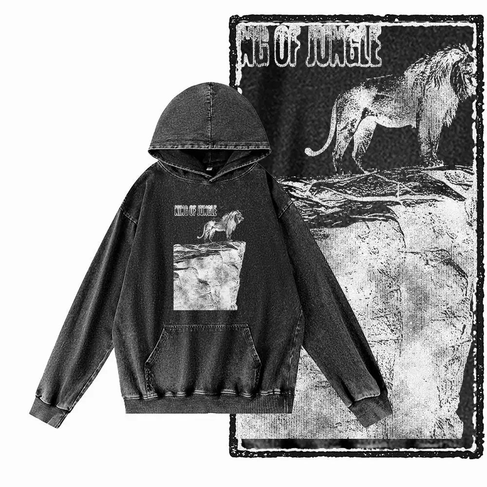 COOLMIND Lion Graphic Pullover | Acid-Washed Black