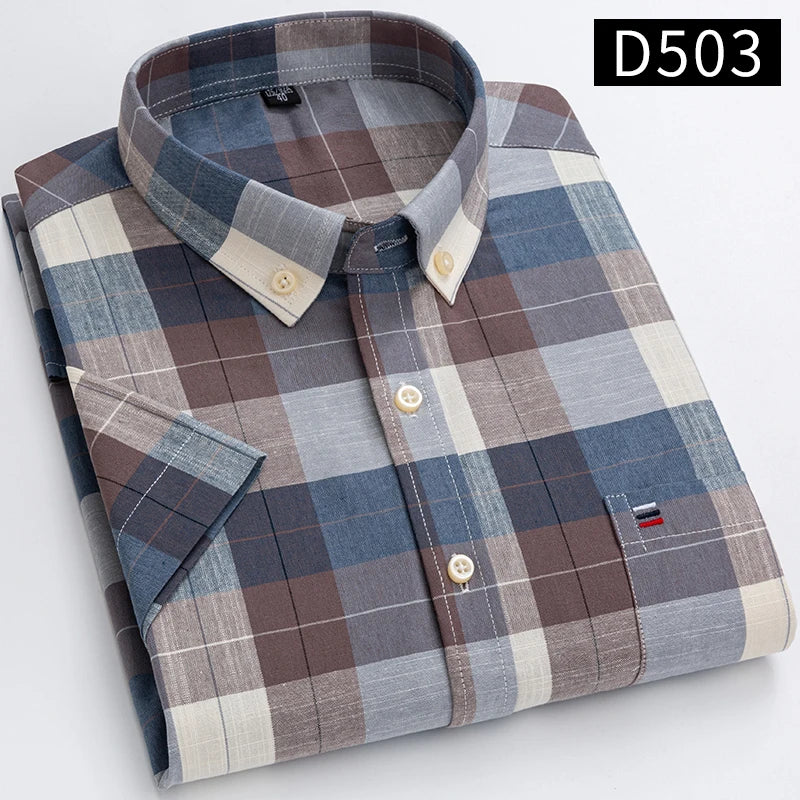 100% Cotton Men's Breathable Cotton Plaid Shirt - Short Sleeve Oxford Summer Striped Regular Fit Oversized Clothing