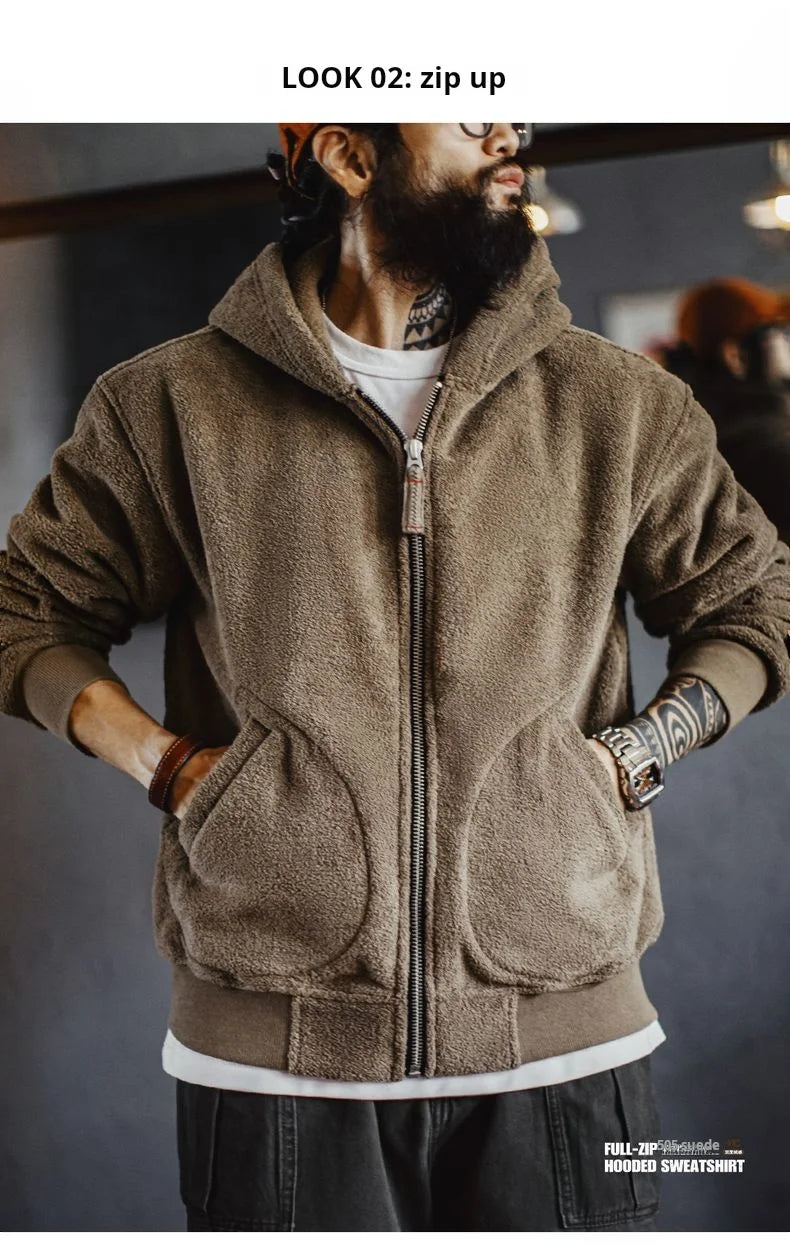 Maden Men’s Khaki Fleece Zip Hoodie Jacket