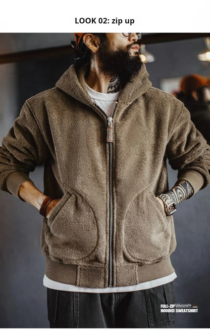 Maden Men’s Khaki Fleece Zip Hoodie Jacket