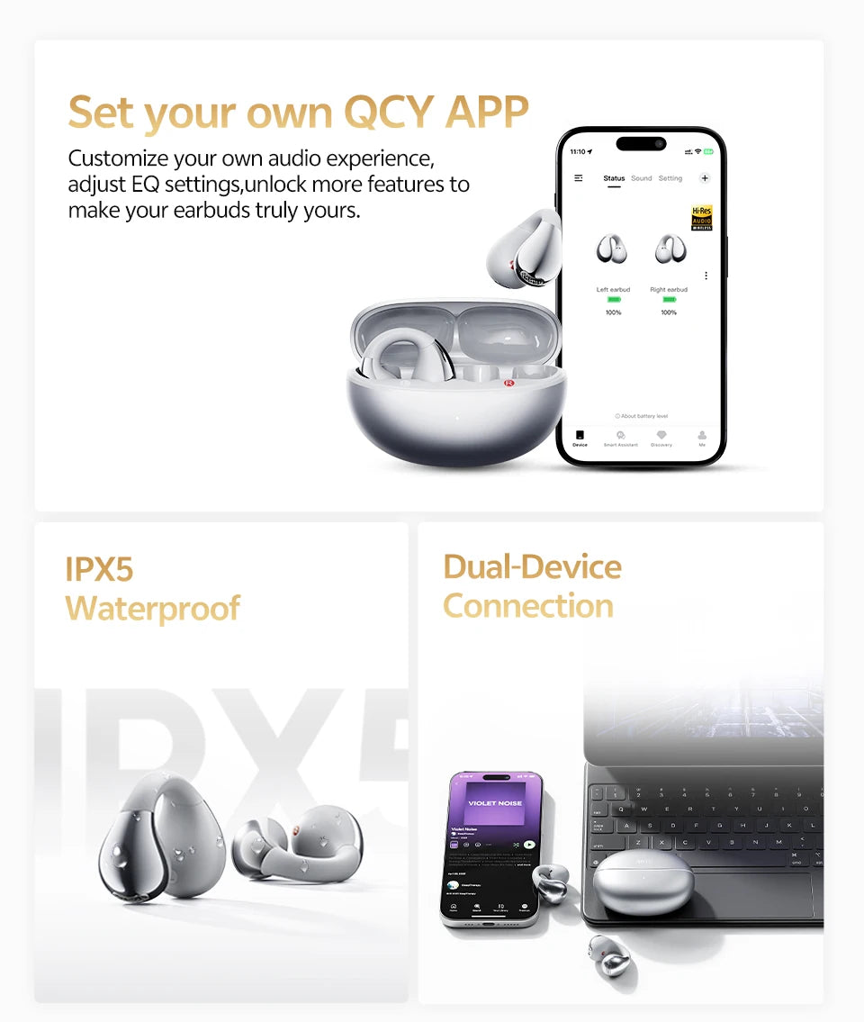 QCY Crossky C30S Wireless Earphones - Hi-Res LDAC Open Ear Clip-On Bluetooth 6.0 Sports Headphones with 40H Battery Life