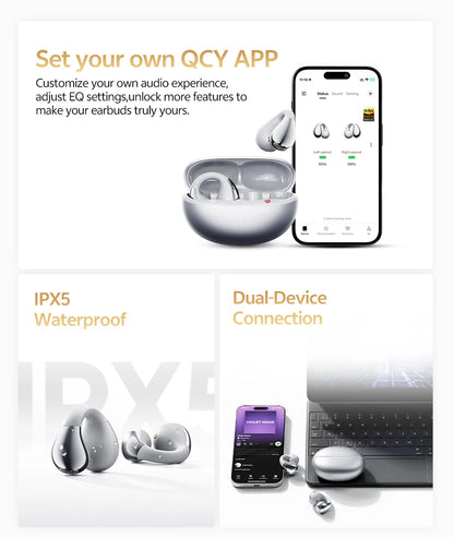 QCY Crossky C30S Wireless Earphones - Hi-Res LDAC Open Ear Clip-On Bluetooth 6.0 Sports Headphones with 40H Battery Life
