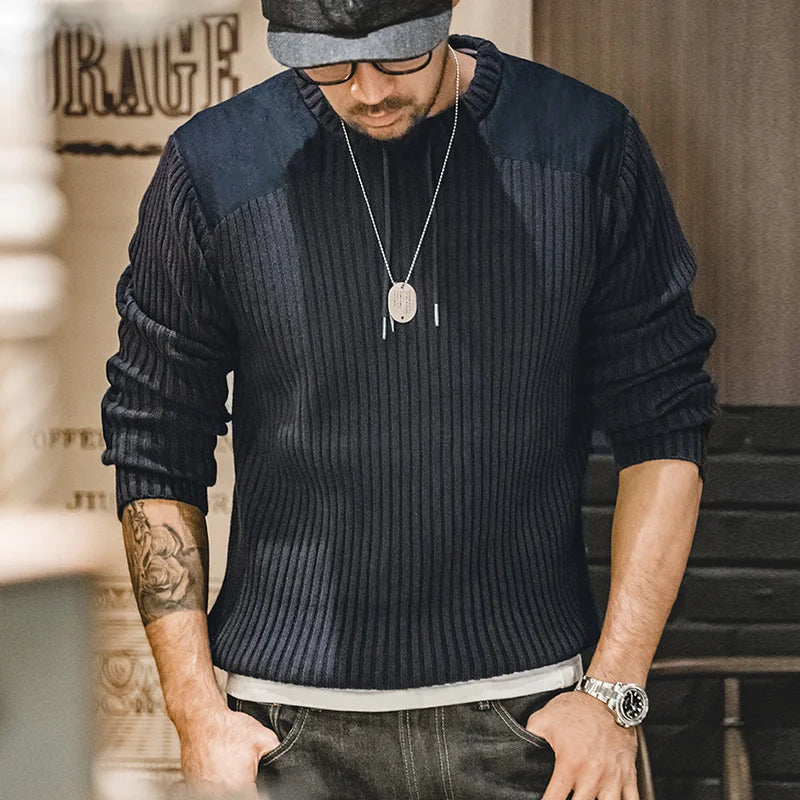 MADEN Navy Ribbed Patch-Detail Sweater