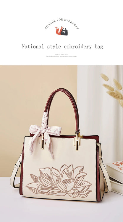 FOXER Luxury Embroidery Women's Handbag Split Leather Elegant Lady Tote Bag Chinese Style Shoulder Bag Best Mother's Day Gift