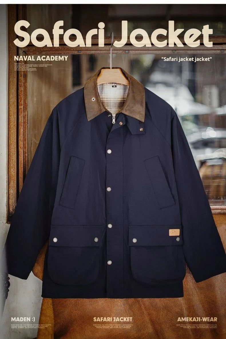 Maden Vintage Men's Blue Safari Jacket Waterproof Hunting Coat Loose Fit Windproof Contrast Collar Windbreak  for Spring Fall