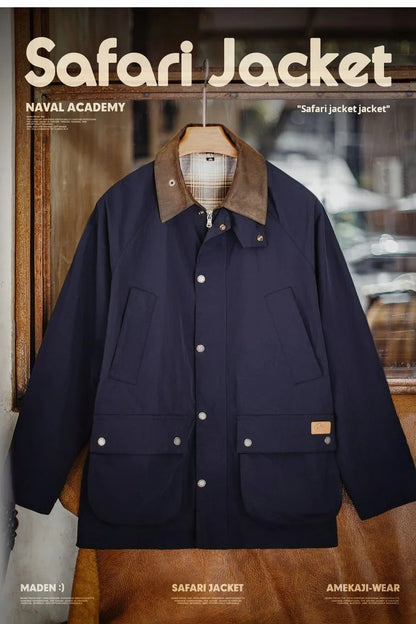 Maden Vintage Men's Blue Safari Jacket Waterproof Hunting Coat Loose Fit Windproof Contrast Collar Windbreak  for Spring Fall