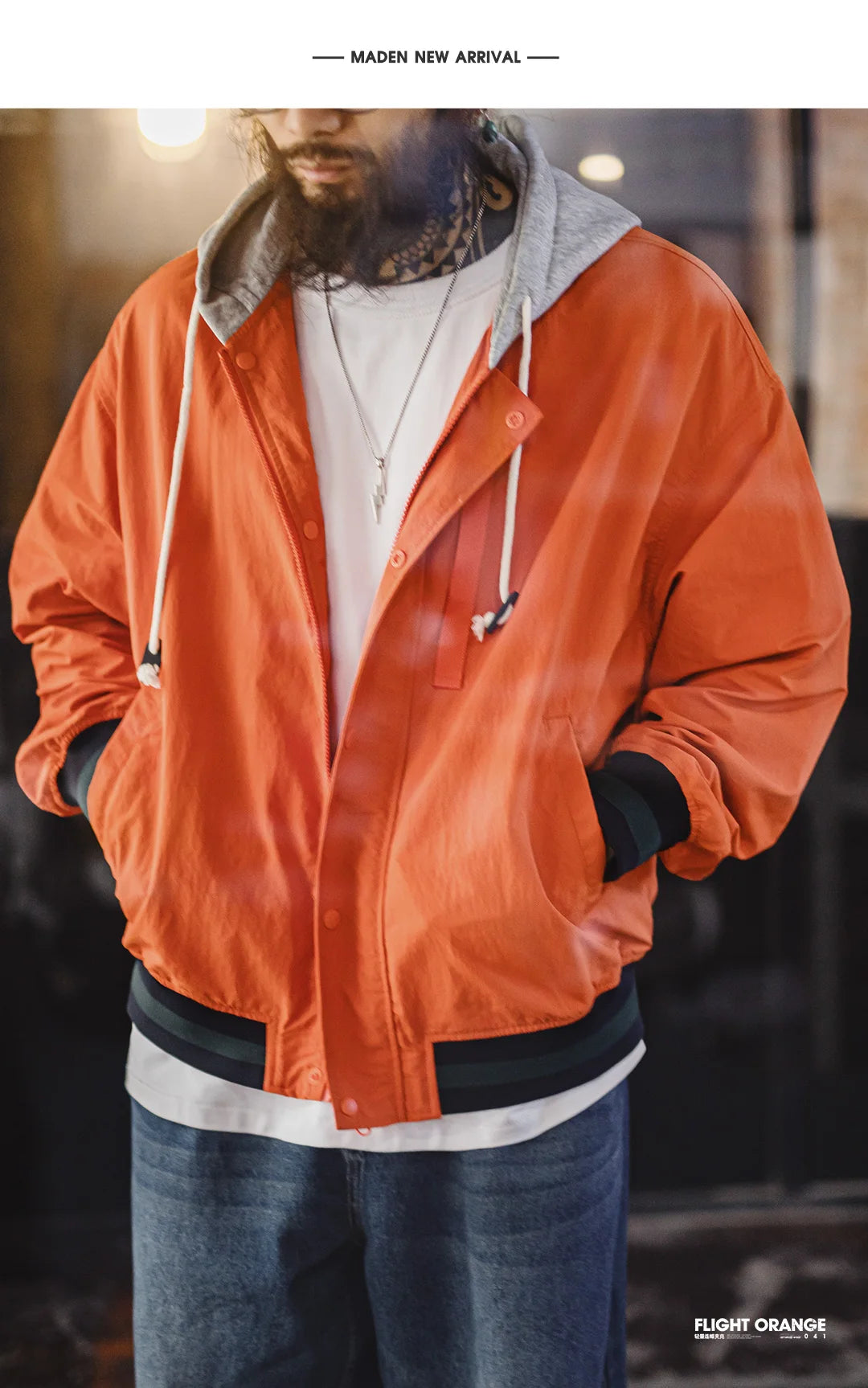 Maden Men's Retro Patchwork Color-Block Hooded Flight Jacket Orange Bomber Jacket Casual Zip-Up Lightweight Spring Fall Outwear