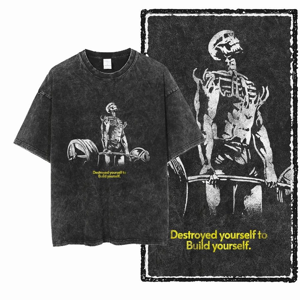 YG BODY BUILDING Printed Cotton Acid Washed Graphic Unisex T Shirt Cool CROSSFIT Streetwear Men Tshirts Big Size Tee for Men