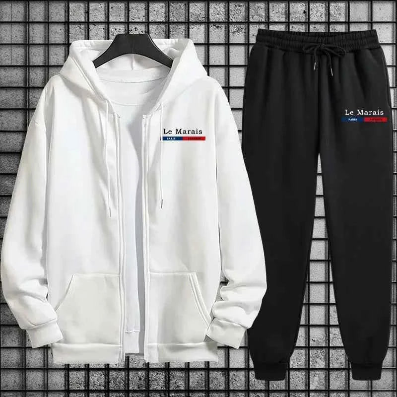 Paris Le Marais Tracksuit Set - Men’s 2 Piece Zipper Hoodie & Sweatpants Urban Streetwear for Autumn Winter Sport Style