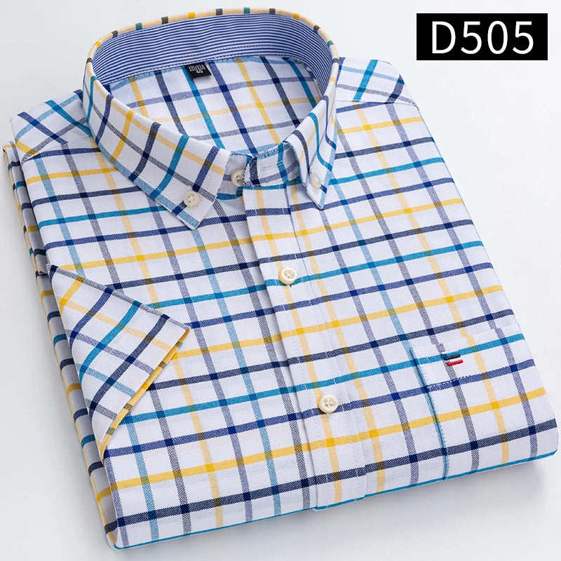 100% Cotton Men's Breathable Cotton Plaid Shirt - Short Sleeve Oxford Summer Striped Regular Fit Oversized Clothing