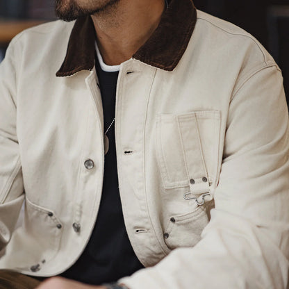 Maden Men's Retro French J22 Jacket Heavyweight White Cottonseed Shell Safari Coat Corduroy Collar Spring/Fall Hunting Outerwear