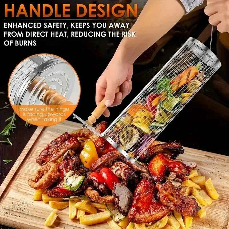 2-Piece Stainless Steel BBQ Grill Set with Wood Handle & Hook, Heavy Duty Portable Outdoor Camping Cooking Tool