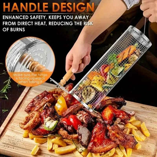 2-Piece Stainless Steel BBQ Grill Set with Wood Handle & Hook, Heavy Duty Portable Outdoor Camping Cooking Tool