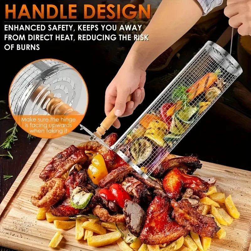 2Pcs Stainless Steel BBQ Grill Set - Heavy Duty Camping Cooking Tool with Wood Handle & Hook