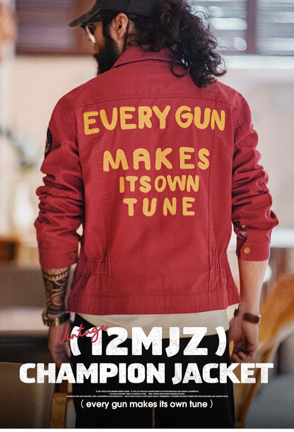 Maden New Vintage Heavy-Duty Letter Embroidered 12MJZ Jacket Red Slim-Fit Canvas Lapel Coat Men's Spring Zip-Up Casual Outerwear