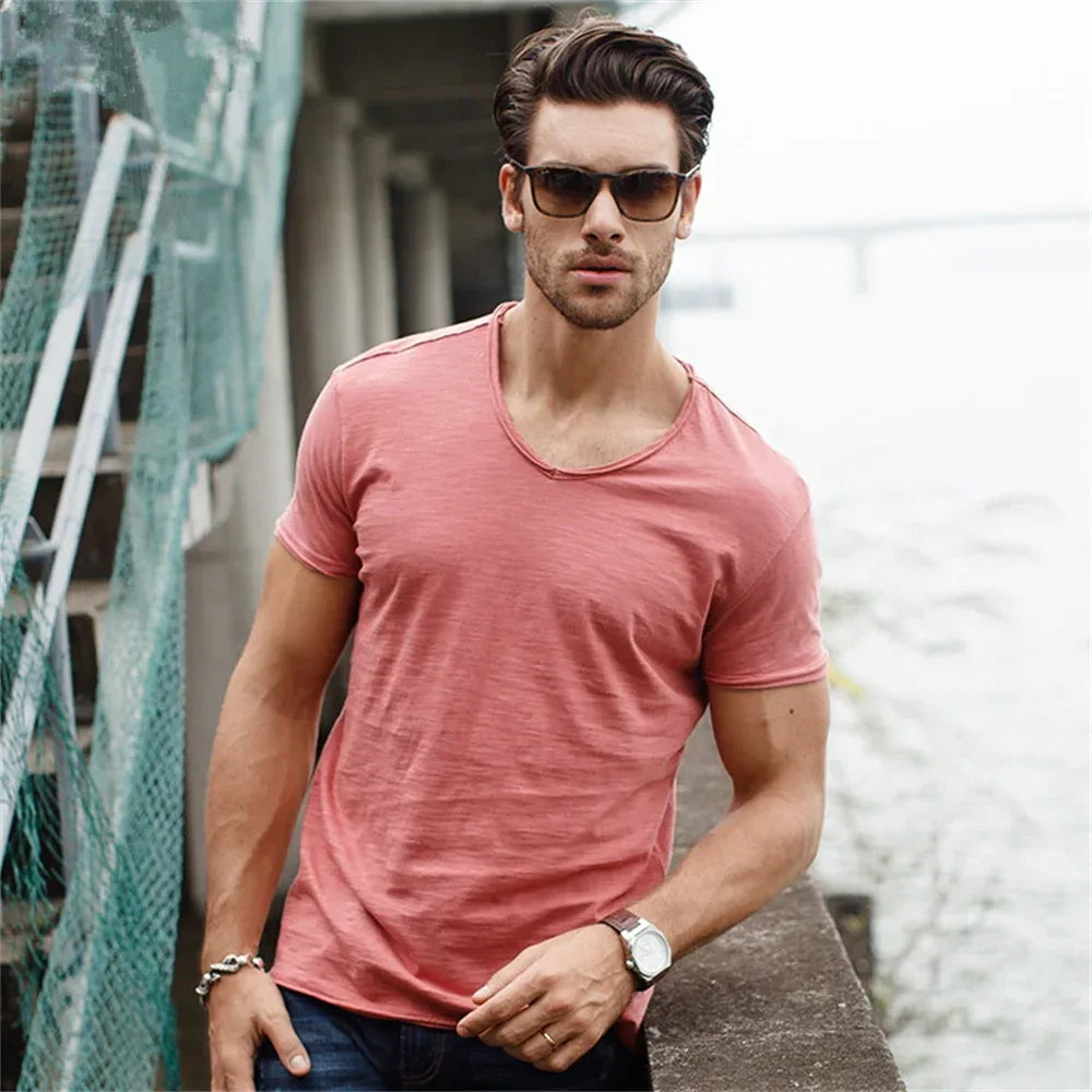 AIOPESON 100% Cotton Men's V-Neck T-Shirts - ShopHub