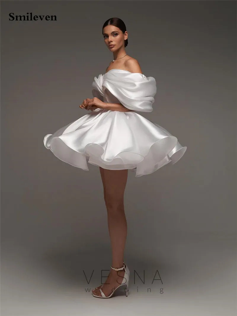 Smileven A Line Soft Satin Off The Shoulder Short Wedding Dress