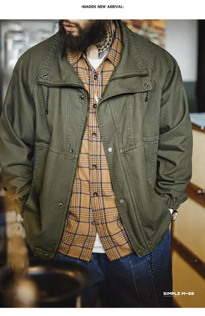 Maden Men's Vintage M-65 Field Jacket Green Cotton Zipper Army Coat Stand Collar Drawstring Windbreaker for Spring and Fall