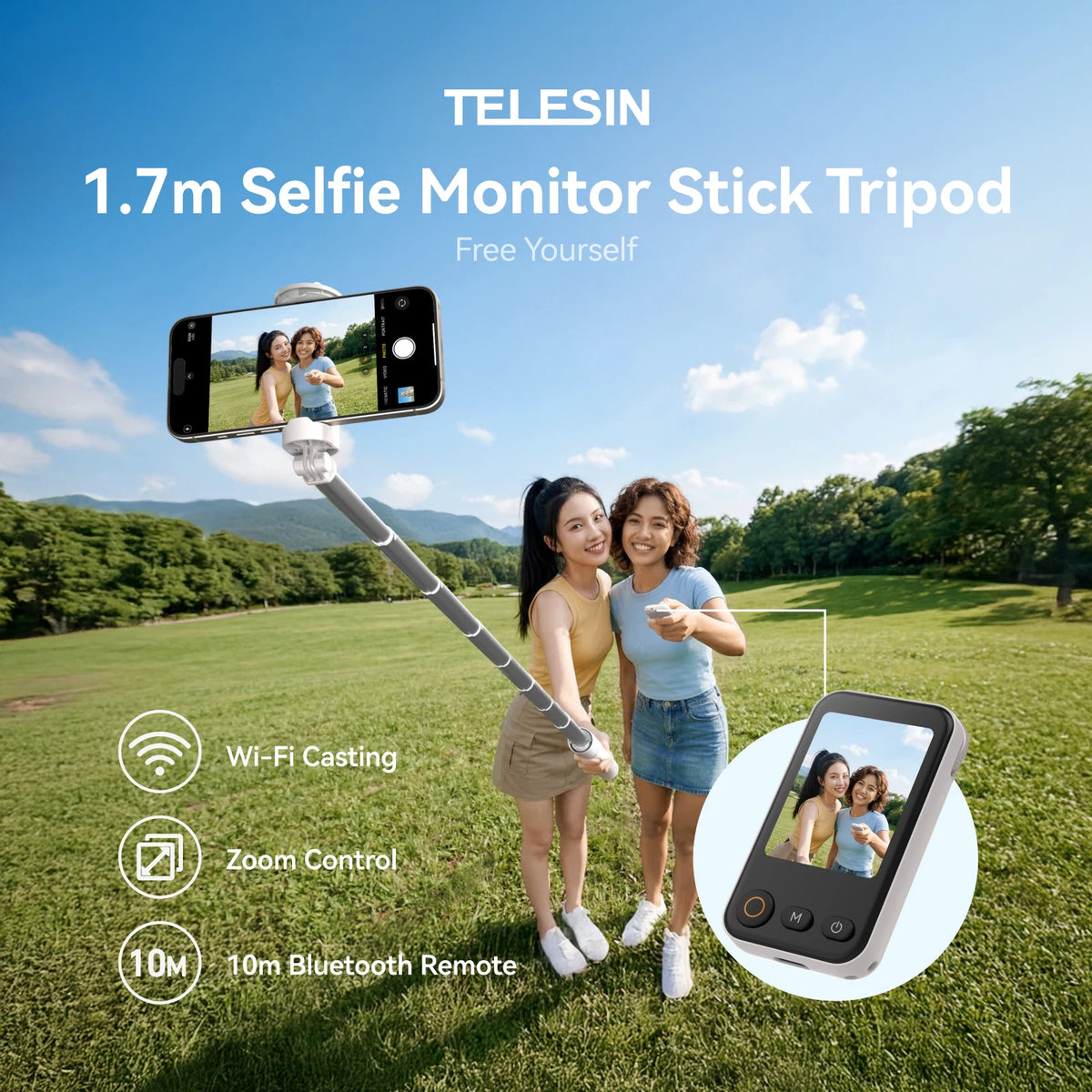 TELESIN 1.7M Wireless Bluetooth Selfie Stick Tripod with Remote Control