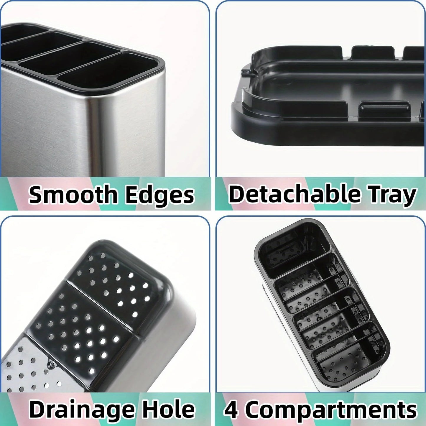 1Pc Stainless Steel Cutlery Holder with 4 Compartments