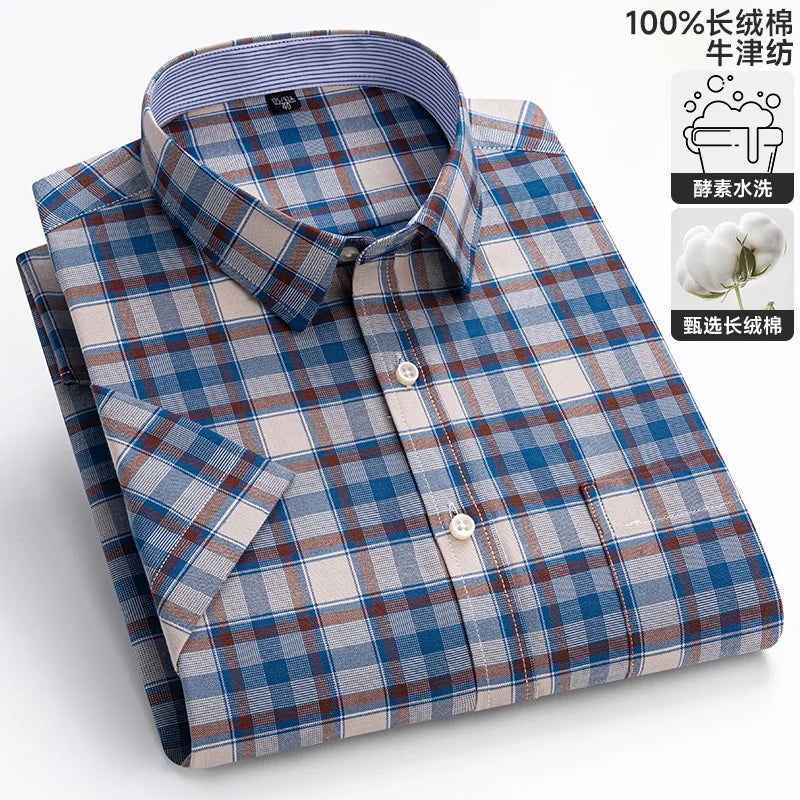 100% Cotton Men's Breathable Cotton Plaid Shirt - Short Sleeve Oxford Summer Striped Regular Fit Oversized Clothing