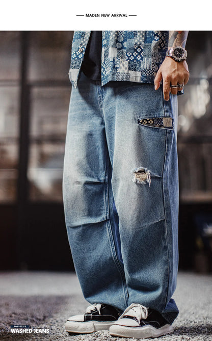 Maden Men‘s Vintage Boro Patchwork Parachute Jeans