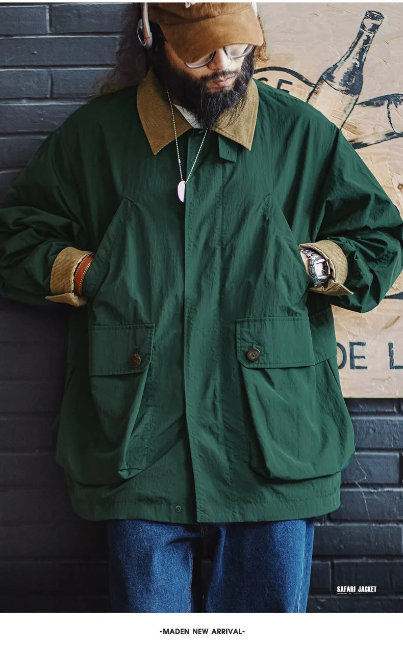 Maden Men's Retro Multi-pocket Safari Jacket Green Loose Corduroy Lapel Classic Coat Versatile Outerwear for Spring and Autumn